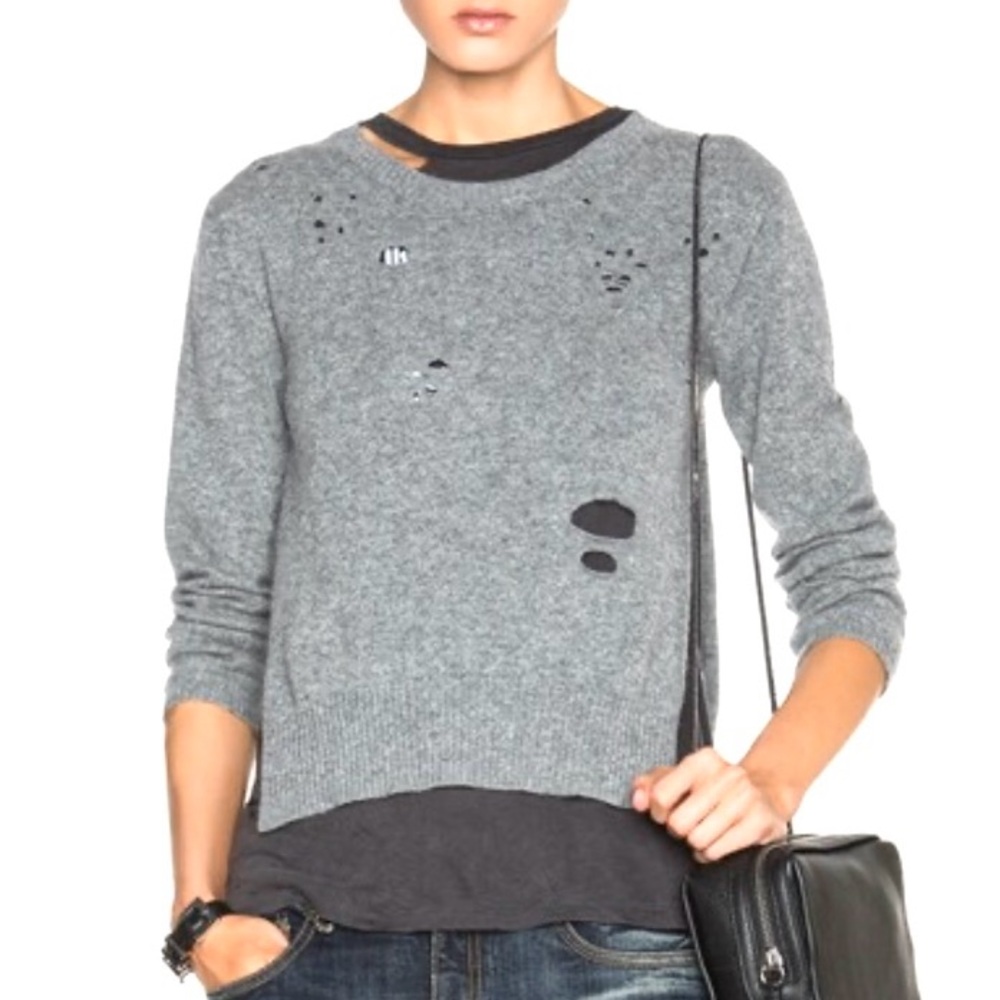 R13 Shrunken Distressed Cashmere Sweater Grey
